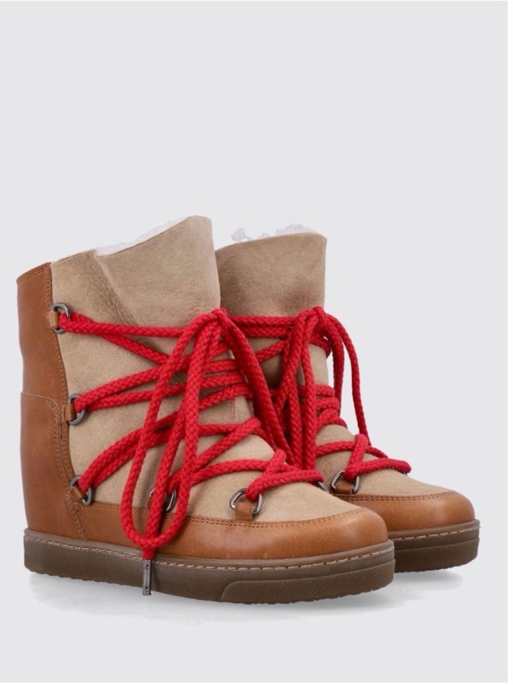 Isabel Marant Knowles Tan Suede & Leather Ankle Boots with Bright Red Rope Laces